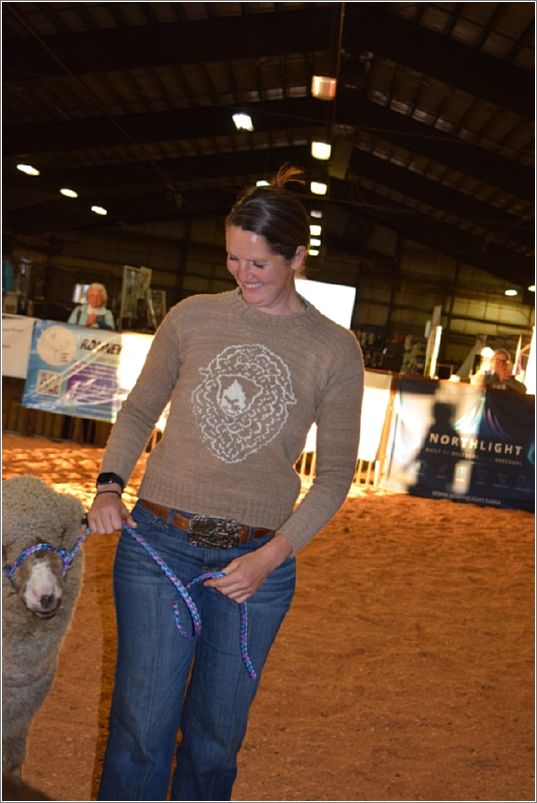 Laurel Stone models her Merino fleece hand-knit sweater. Photo: Peggy Lundquist.